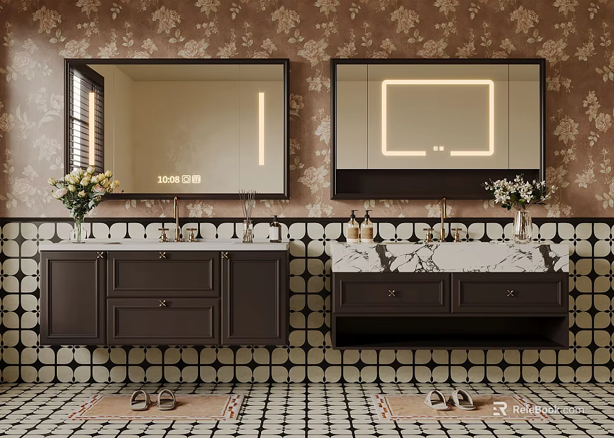 Double Bathroom Vanity With LED Lit Mirror Marble Countertop Dark Wood Cabinet And Floral Wallpaper 3d model 