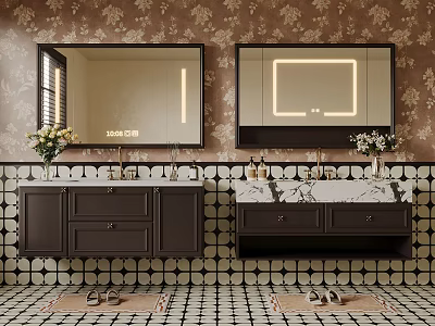 Double Bathroom Vanity With LED Lit Mirror Marble Countertop Dark Wood Cabinet And Floral Wallpaper 3d model