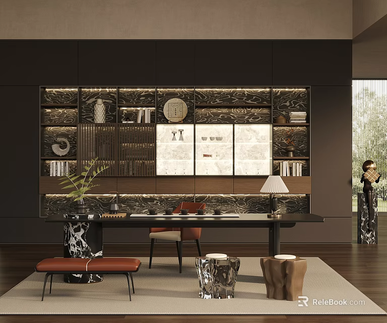 Elegant Tea Room Interior With Wooden Tables Tea Sets Decorative Shelves And Potted Plants 3d model 