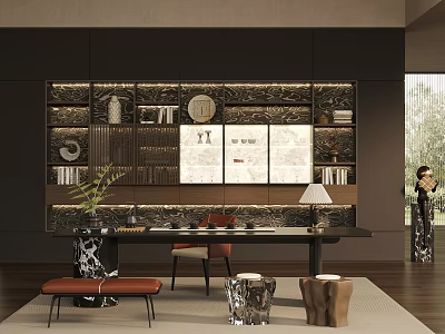 Elegant Tea Room Interior With Wooden Tables Tea Sets Decorative Shelves And Potted Plants 3d model