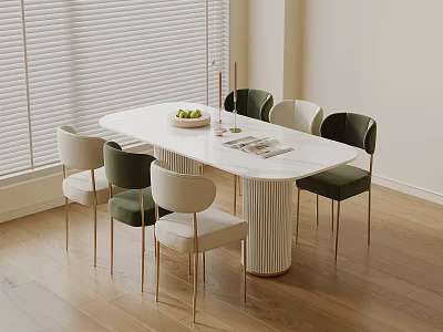 Modern White Marble Top Dining Table Set With Cylindrical Leg And Six Chairs 3d model
