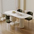 Modern White Marble Top Dining Table Set With Cylindrical Leg And Six Chairs