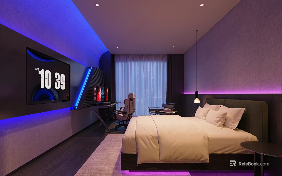 Modern Hotel Guest Room With King Bed Flat Screen TV Work Desk And Ambient Lighting 3d model 