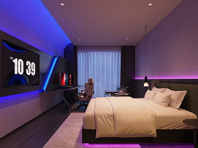 Modern Hotel Guest Room With King Bed Flat Screen TV Work Desk And Ambient Lighting 3d model