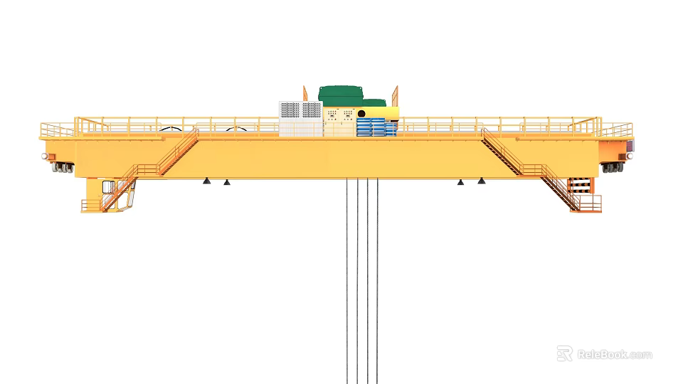 Industrial Overhead Crane With Yellow Body Control Room Guardrails And Cables 3d model 