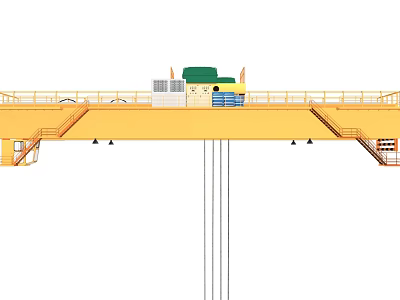 Industrial Overhead Crane With Yellow Body Control Room Guardrails And Cables 3d model