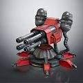 Red Mechanical Turret With Multi Barrel Pipes And Metal Support Base Structure