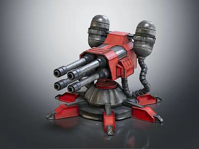 Red Mechanical Turret With Multi Barrel Pipes And Metal Support Base Structure 3d model