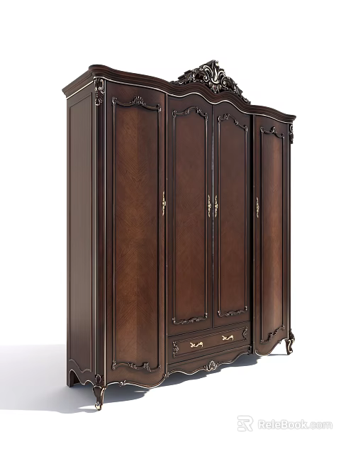 Traditional Brown Wooden Wardrobe With Ornate Carved Details And Classic Design Finish 3d model 