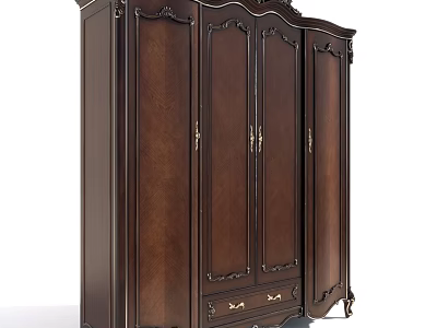 Traditional Brown Wooden Wardrobe With Ornate Carved Details And Classic Design Finish 3d model