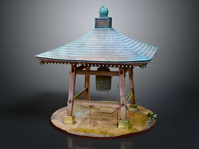 Cartoon Japanese Style Gazebo With Wooden Frame Bell And Tiled Roof On Round Base 3d model