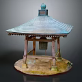 Cartoon Japanese Style Gazebo With Wooden Frame Bell And Tiled Roof On Round Base