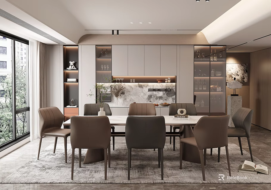 Modern Dining Room Interior With Elegant Table Comfortable Chairs Cabinets Large Window And Soft Rug 3d model 