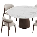Modern Round Marble Dining Table Set With Wooden Base And Beige Upholstered Chairs