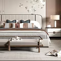 Elegant Modern Bedroom Interior Design With Floral Pattern Wall And Bedside Lamps 3d model