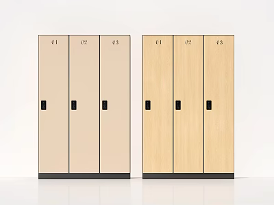 Two Sets of Beige and Light Wood Storage Lockers With Numbered Compartments and Black Handles 3d model