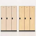 Two Sets of Beige and Light Wood Storage Lockers With Numbered Compartments and Black Handles