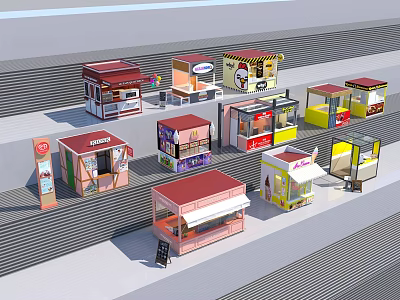 Colorful Outdoor Food Kiosks With Various Designs And Commercial Vending Structures 3d model