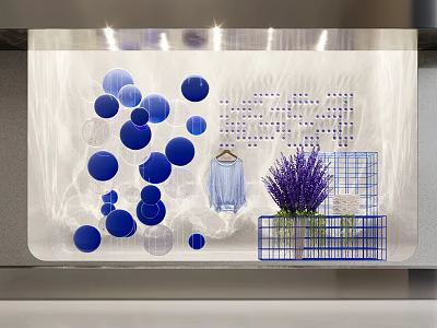 Window Display Decoration With Blue Circular Decorations Light Blue Hanger Lavender Bouquet And Grid Shelf 3d model