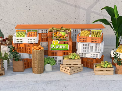 Colorful Fruit Vegetable Flower Shop Display With Orange Shelves White Crates And Plants 3d model