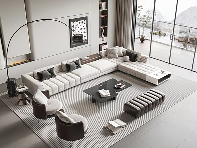 Modern Living Room Interior With Modular Sofa Coffee Table Set Accent Chairs And Minimalist Rug 3d model