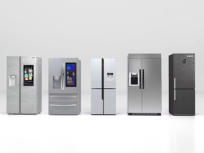 Five Different Modern Refrigerator Models In Stainless Steel And Black Finishes 3d model