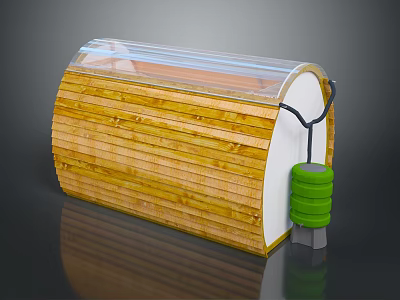 Indoor Scene With Wooden Curved Structure And Transparent Top Cover Plus Green Cylindrical Device 3d model