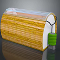 Indoor Scene With Wooden Curved Structure And Transparent Top Cover Plus Green Cylindrical Device