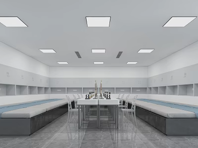 Spacious Lounge Area With White Walls Grey Cushioned Benches Metal Frame Table And Marble Floor 3d model