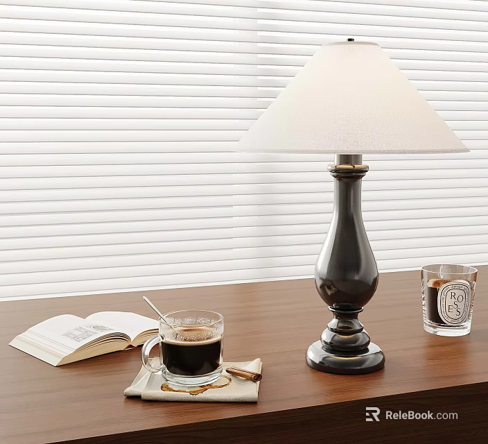 Wooden Table With Open Book Coffee Cup Table Lamp And Window Blinds 3d model 