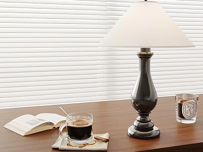 Wooden Table With Open Book Coffee Cup Table Lamp And Window Blinds 3d model