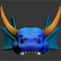 Blue Dragon Head with Orange Horns Blue Wings Yellow Eyes and White Fangs
