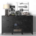Black Industrial Entryway Side Cabinet With Lamp Books Decorative Clock And Storage Drawers