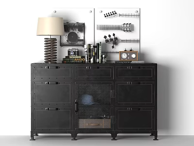 Black Industrial Entryway Side Cabinet With Lamp Books Decorative Clock And Storage Drawers 3d model