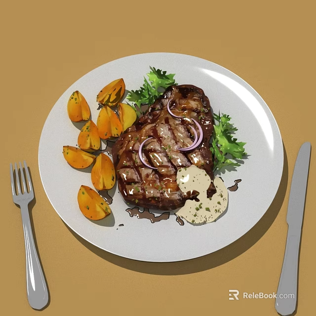 Grilled Steak with Sliced Orange Vegetables Onion Rings Fresh Parsley Dipping Sauce and Utensils 3d model 