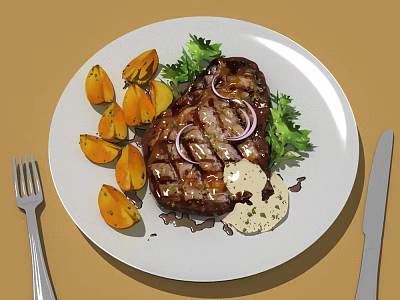 Grilled Steak with Sliced Orange Vegetables Onion Rings Fresh Parsley Dipping Sauce and Utensils 3d model
