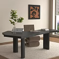 Modern Black Desk And Brown Chair With Laptop Plant Books Window View Decorative Painting Rug