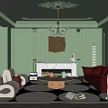 Elegant Green Living Room Interior With Ornate Ceiling Chandelier Fireplace And Red Sofa