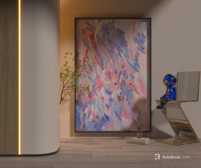 Colorful Abstract Painting With Vibrant Brushstrokes In Modern Interior With Plant And Metal Chair 3d model 