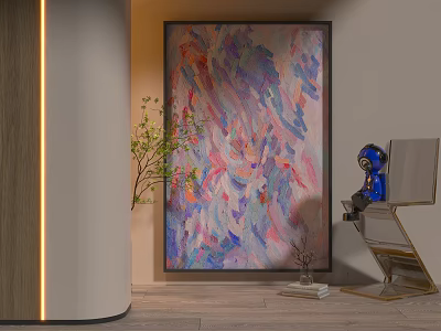 Colorful Abstract Painting With Vibrant Brushstrokes In Modern Interior With Plant And Metal Chair 3d model