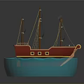 Red Sailboat Model With Multiple Masts Black Sails And Blue Transparent Base