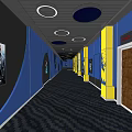 Modern Elevator Hallway With Blue Walls Yellow Pillars And Round Ceiling Lights 3d model