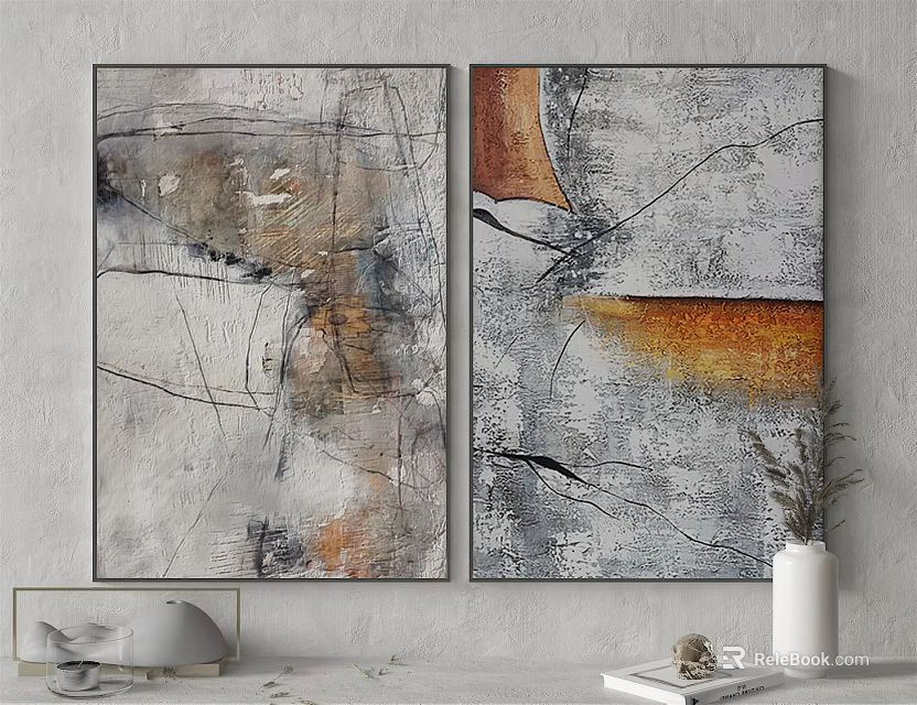 Two Panel Modern Abstract Paintings Wall Decor With Vase And Dried Flowers 3d model