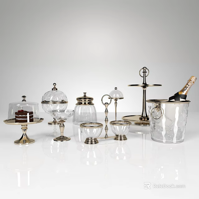 Elegant Glass And Metal Tableware Set With Champagne Bucket Bowls And Stands 3d model 