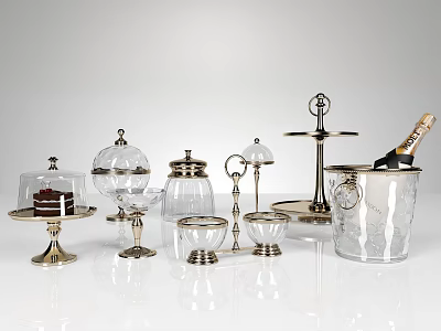 Elegant Glass And Metal Tableware Set With Champagne Bucket Bowls And Stands 3d model