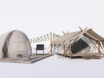 Outdoor Glamping Dome Canvas Tent With String Lights Grill And Wooden Deck 3d model