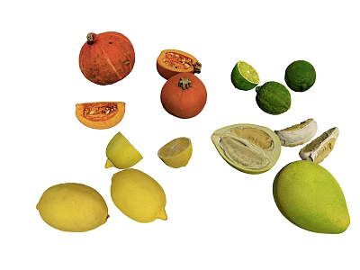 Fresh Assorted Fruits Display With Pumpkin Sliced Guava Limes Lemons And Green Mangoes 3d model