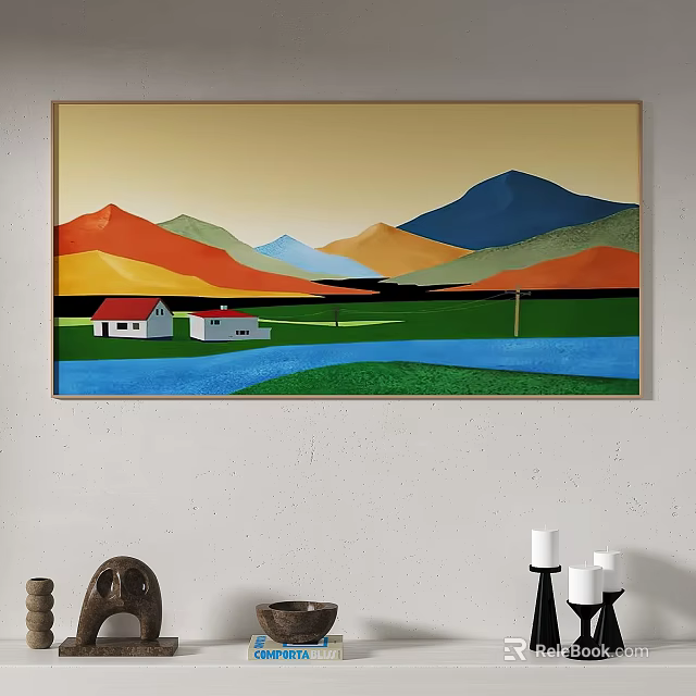 Landscape Painting With Colorful Mountains White Houses River And Green Meadow 3d model 