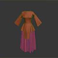 Man Wearing Red Long Sleeved Dress With Layered Skirt On Gray Gradient Background