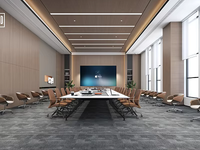 Modern Conference Room Interior With Long Conference Table Chairs Large Screen Windows And Wooden Walls 3d model